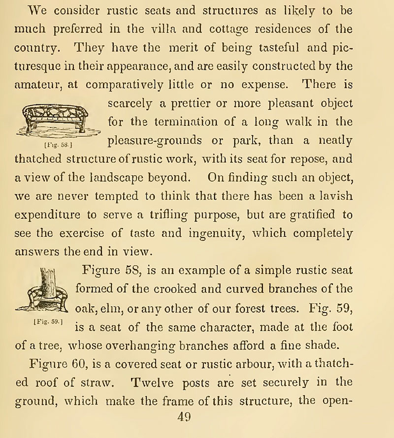 Rustic seats in Andrew Jackson Downing's Treatise (1841), p. 385