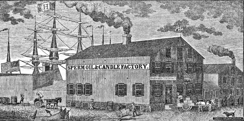 The Hudson Sperm Oil and Candle Factory, 1841, from the front page of Rural Repository, April 10, 1841