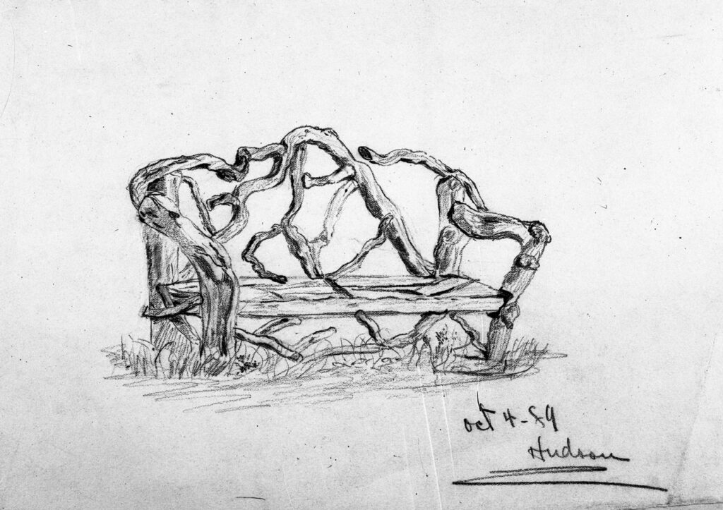 Frederic E. Church, sketch of a rustic bench, 1889. Paper, graphite. New York State Office of Parks, Recreation & Historic Preservation. Olana State Historic Site. OL.1980.1579(V)