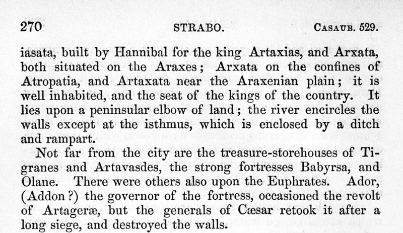 The passage in The Geography of Strabo describing the treasure-storehouse of Olane, after which Olana is named.