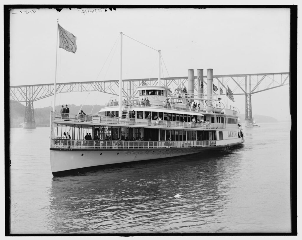 Hudson River Day Line steamer Albany after passing under the Poughkeepsie Bridge, bet. 1900 – 1910. Detroit Publishing Co., Library of Congress