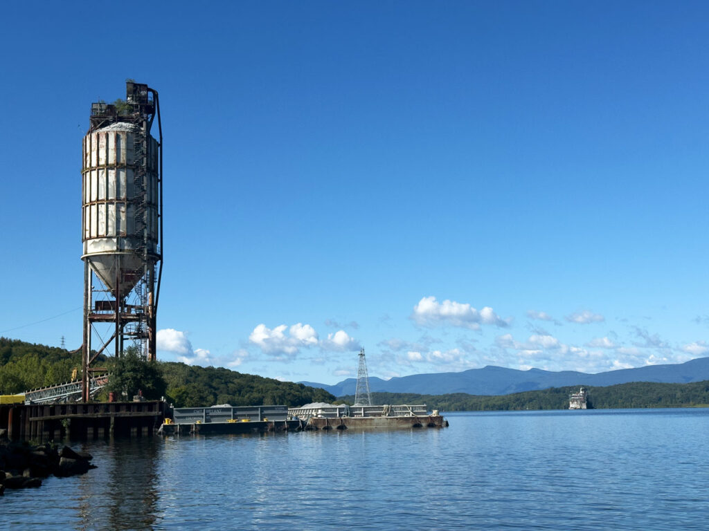 The former grain elevator on the Hudson waterfront, a relic of the city's industrial past, August 2025. Photo by Annik LaFarge, author of Composing Olana
