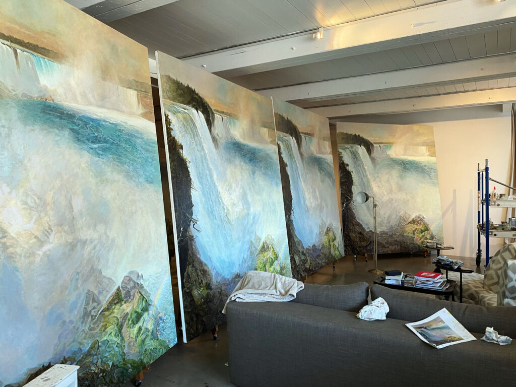 Diana Wege's "Niagara" paintings in her West Chelsea studio, June 2022. Photo by Annik LaFarge, author of Composing Olana