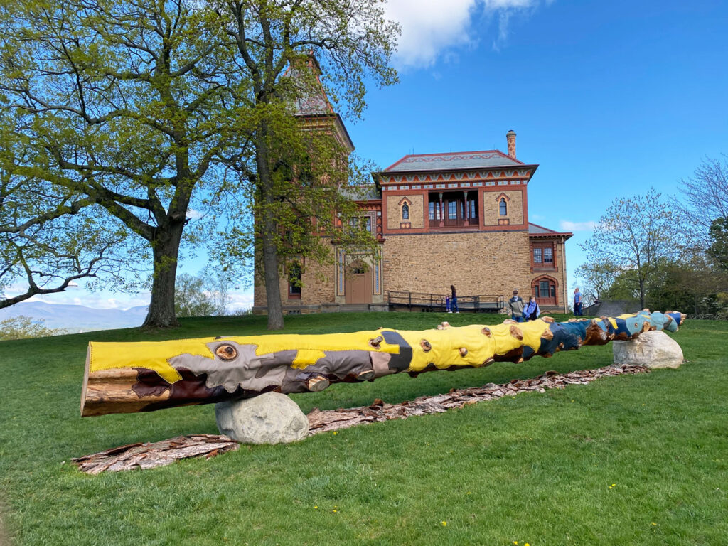 "Fallen" by Jean Chin, an eastern hemlock tree (Tsuga canadensis) planted by Frederic Church that died of natural causes in 2020. Part of the outdoor exhibition "Cross Pollination," May 2021. Photo by Annik LaFarge, author of Composing Olana
