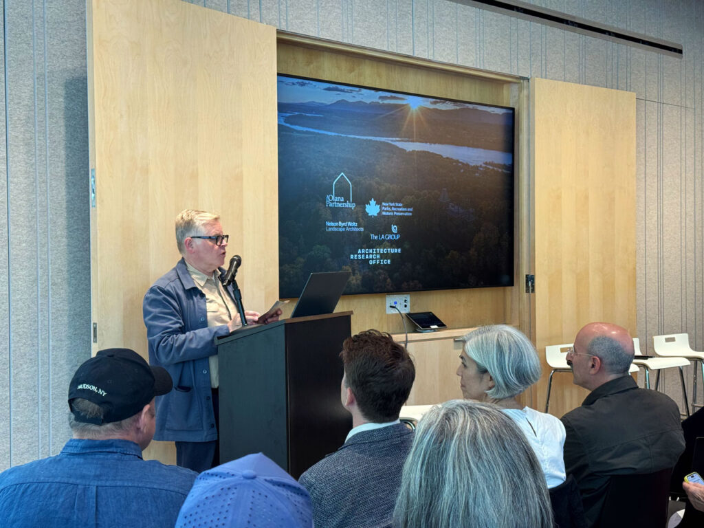 Olana Partnership president Sean Sawyer addressing "Art and Landscape," the first public event held at the Frederic Church Center, June 14, 2025. Photo by Annik LaFarge, author of Composing Olana