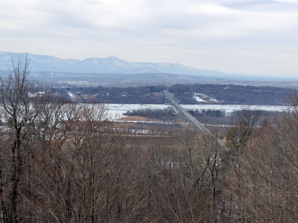 The view of Rogers Island and the Rip Van Winkle Bridge from Frederic Church's studio at Olana, February 2025. Photo by Annik LaFarge, author of Composing Olana