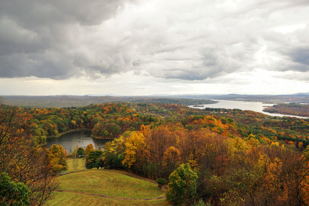 The lake at Olana, shot from the belltower in the house, as it mirrors the shape of Inbocht Bay in the Hudson River, October 2014. Photo by Annik LaFarge, author of Composing Olana