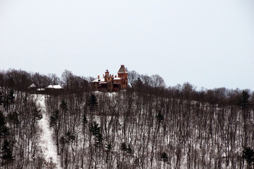 Over the years The Olana Partnership & NYS Parks worked to bury the overhead power lines that were installed in the 20th century. This scar, visible from the Rip Van Winkle Bridge, is the last visible remnant of the poles, the last of which was removed in July 2008. Photo taken in February 2014. Photo by Annik LaFarge, author of Composing Olana