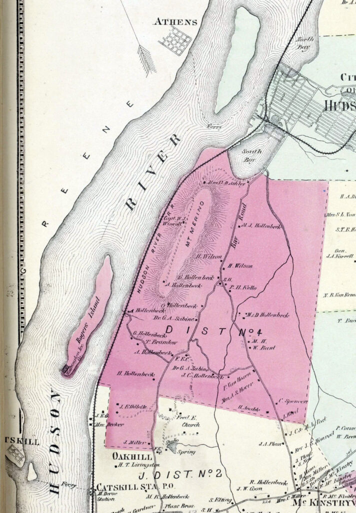 1873 Map showing the Knickerbocker Ice Co. factory at the Southern tip of Rogers Island. "Greenport [Township]," courtesy Lionel Pincus and Princess Firyal Map Division, NY Public Library.