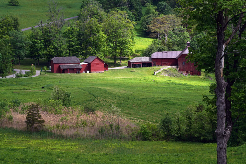 View of the Olana farm complex from Crown Hill, May 2025. Photo by Annik LaFarge, author of Composing Olana