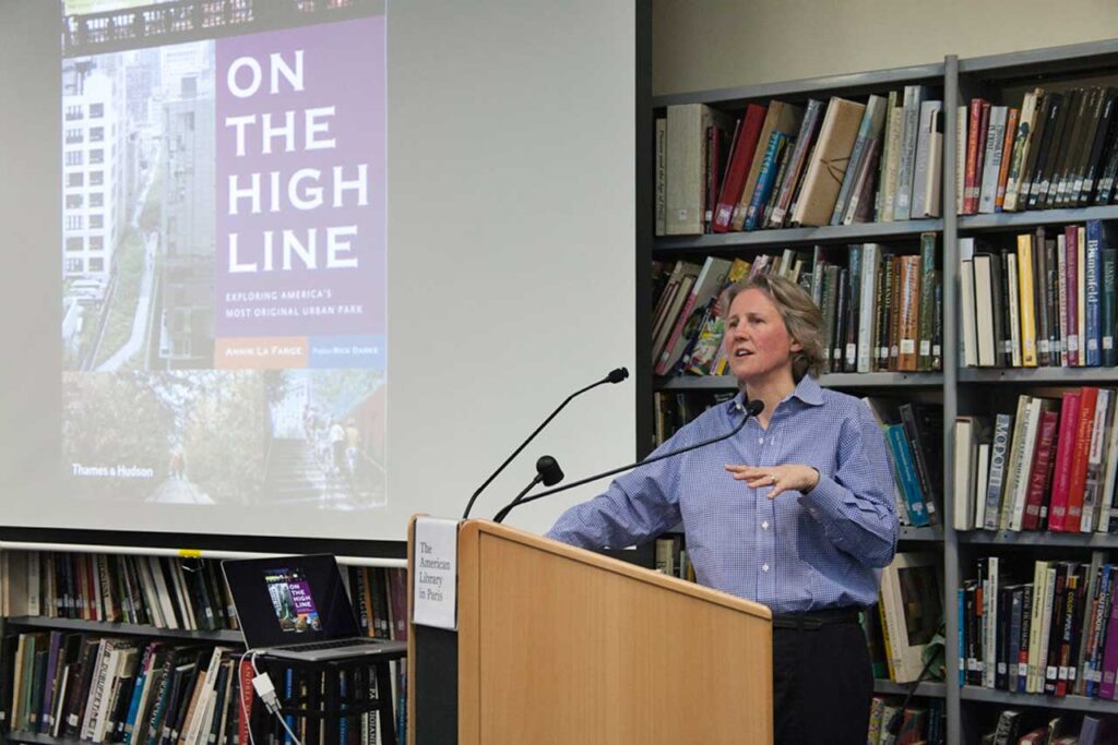 The author at the American Library in Paris, giving a talk on the connection between the High Line & the Promenade Plantée. Photo: Danielle Voirin