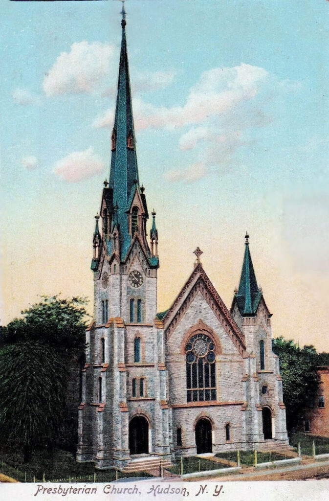 An old postcard showing Hudson's First Presbyterian Church, with its historic clock tower