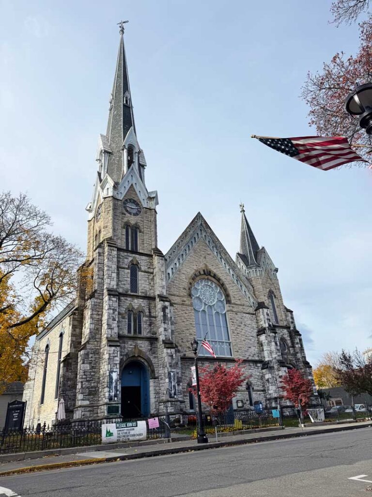 First Presbyterian Church, Hudson, and its historic clock tower. Photo by Annik LaFarge, author of Composing Olana