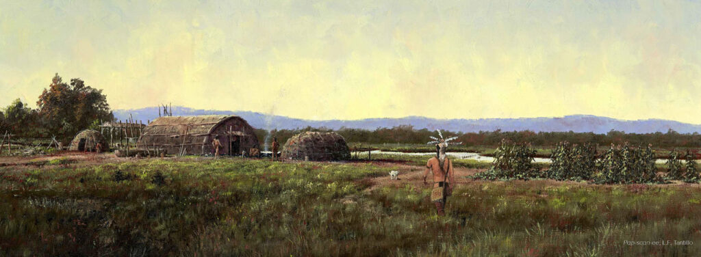 L.F. Tantillo's beautiful painting Pap-scan-ee: Mohican summer encampment near the Hudson River, circa 1600